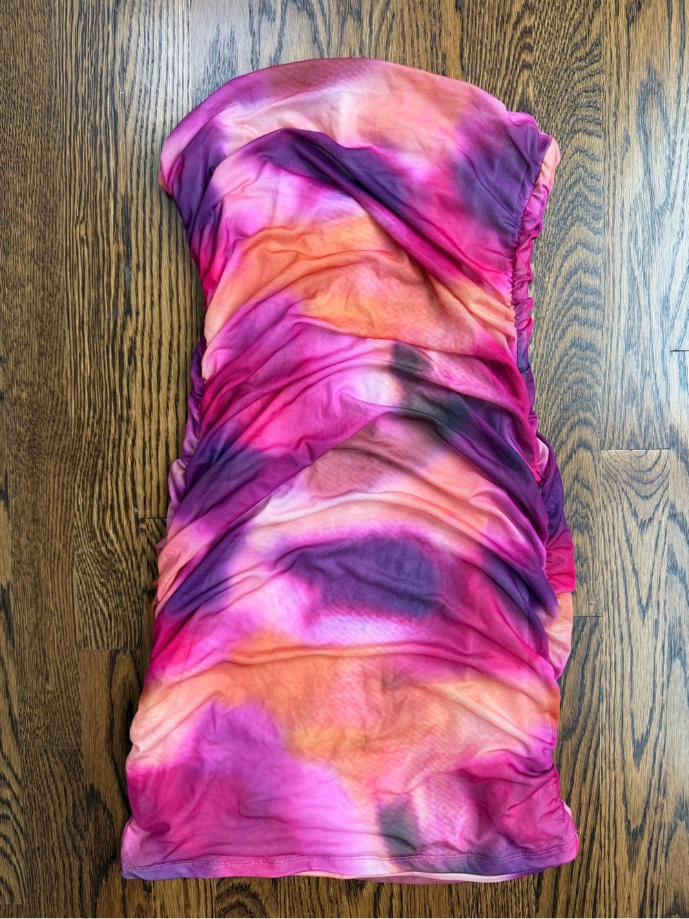 Women’s Strapless 90s Y2K Tie-Dye Bodycon Midi Dress in Pink & Orange